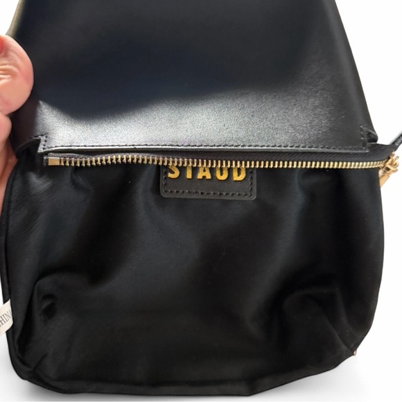 STAUD-Black Leather Cosmetic Pouch/Clutch Gold Logo-Zip Case NWOT Minimalist - Picture 6 of 8